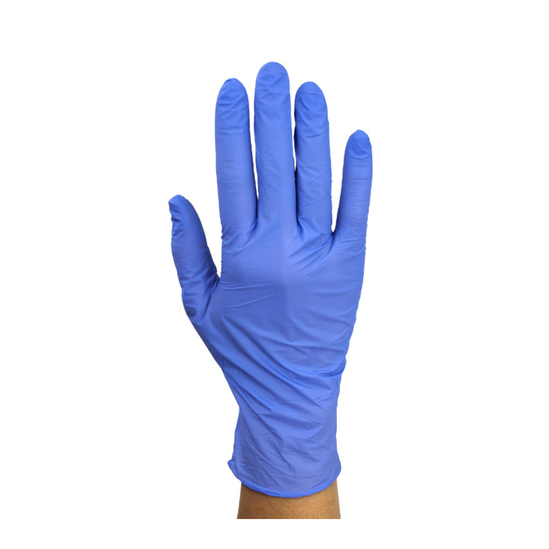 A left hand wearing a blue Dynarex DynaPlus Nitrile Exam Glove - Powder-Free is held up against a plain white background.